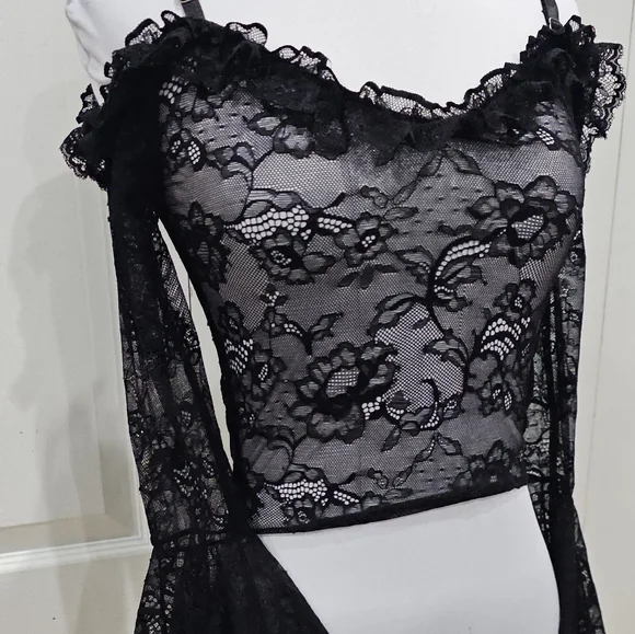 Dolls Kill Widow Gothic With Grace Black Mesh Lace Cropped Sheer Top S - Picture 3 of 12